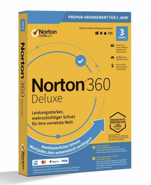 Norton 360 Deluxe, 25 GB Cloud-Backup, 3 Geräte 1 Jahr Windows